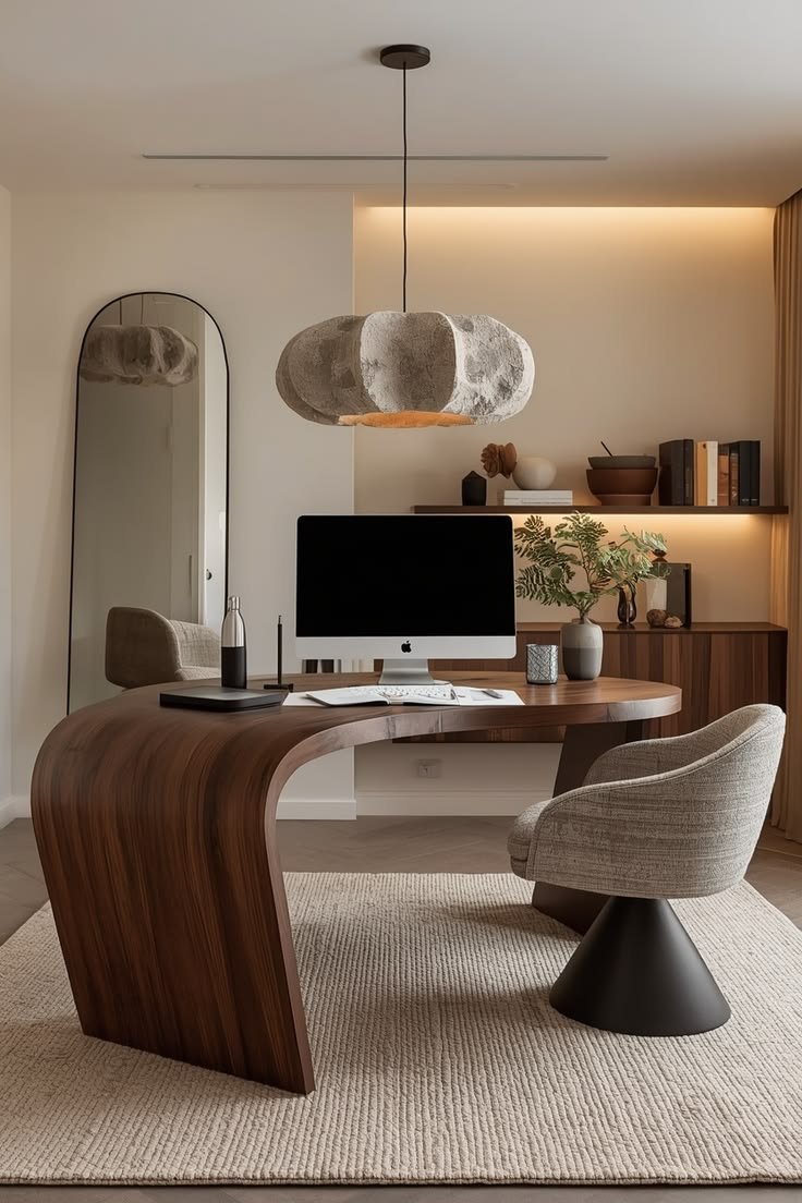 Home office with a curved walnut desk