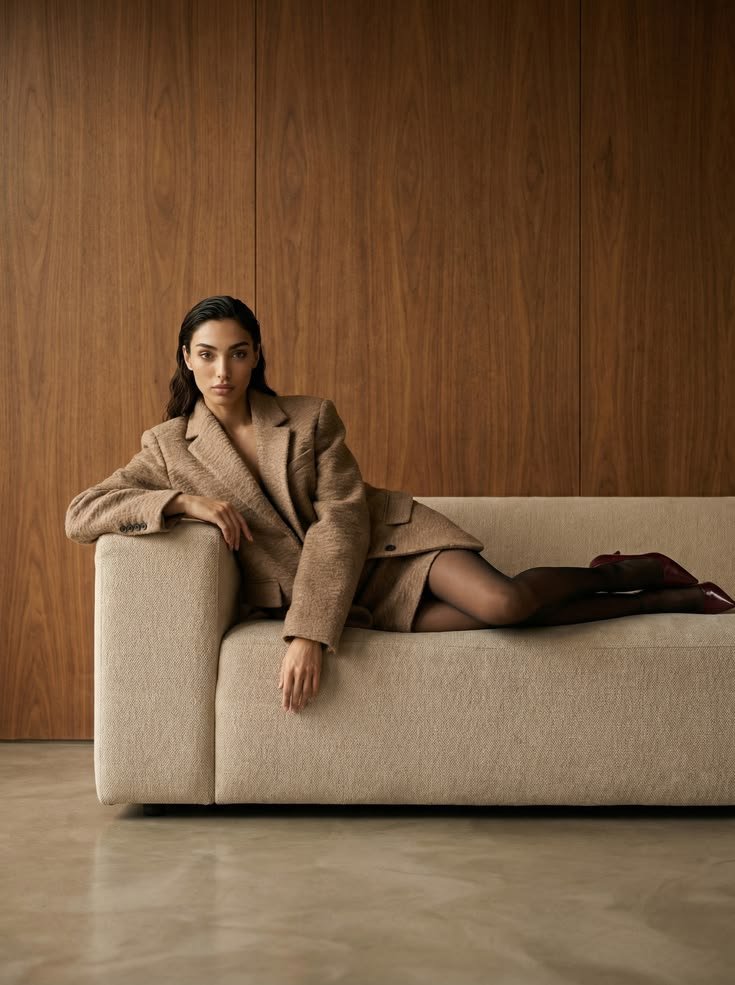 Woman in a tweed coat on a cream sofa