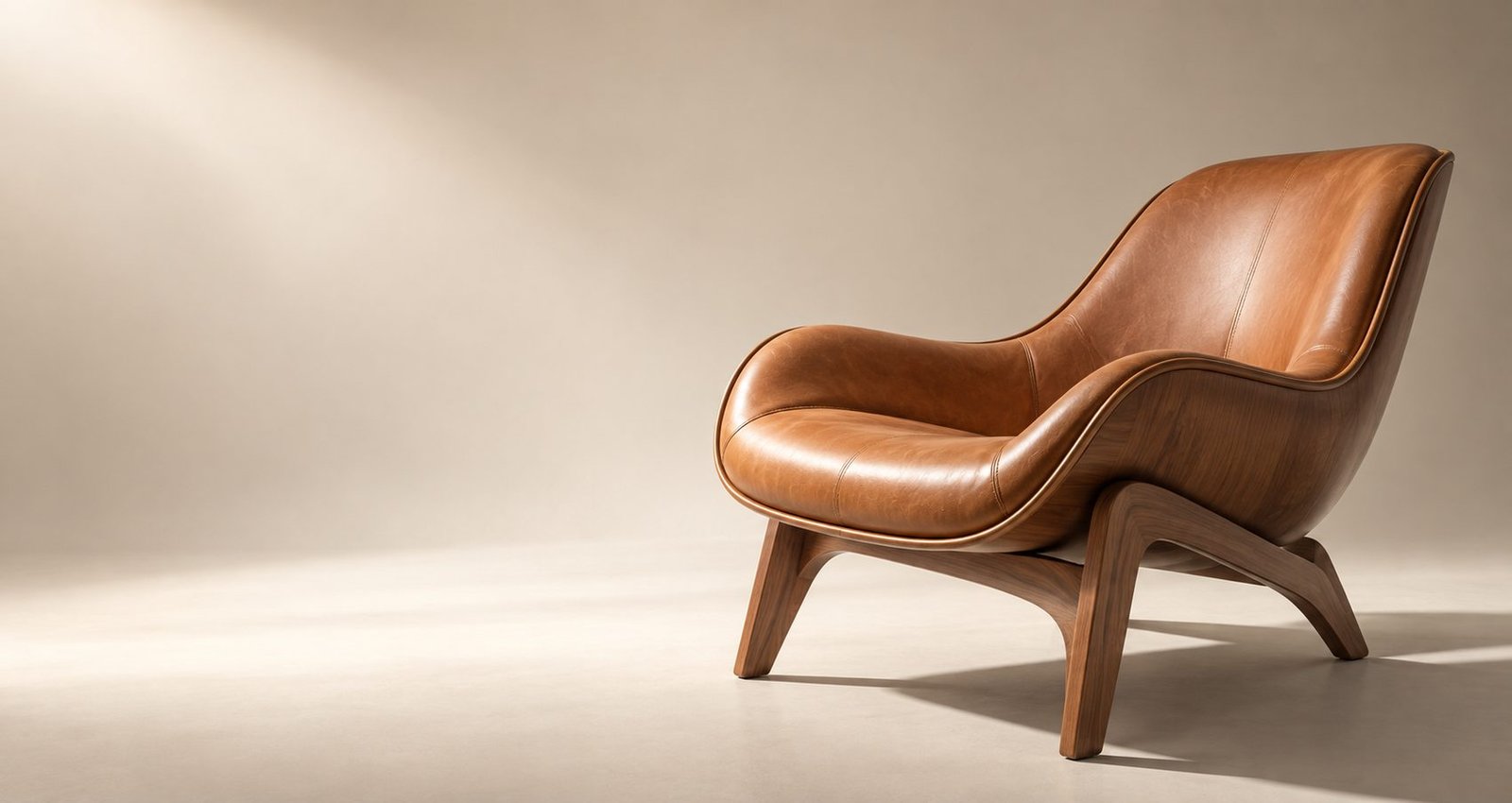 Tan leather lounge chair on a walnut base