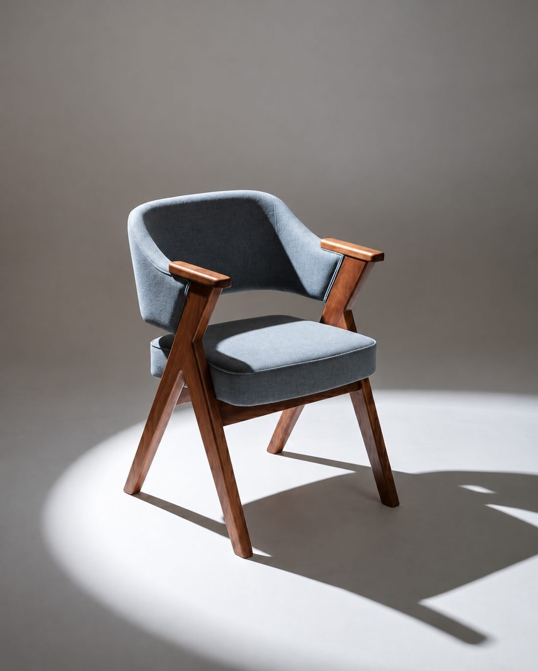 Upholstered dining chair with a walnut frame