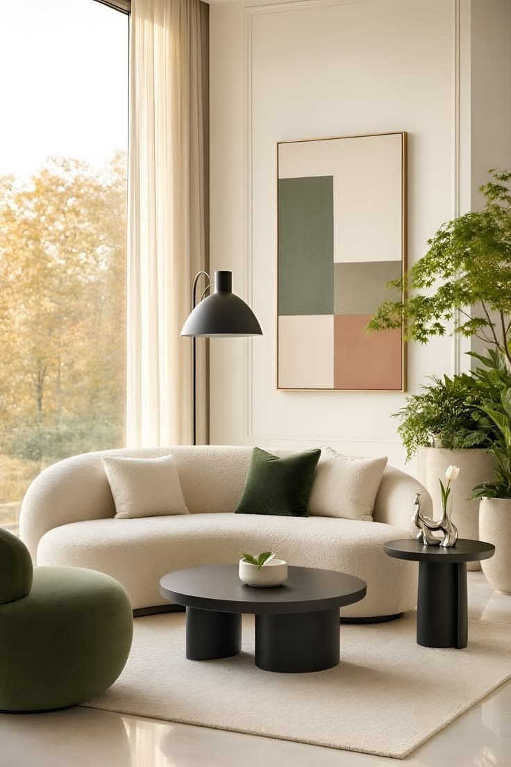 Living room with a cream curved sofa and abstract artwork