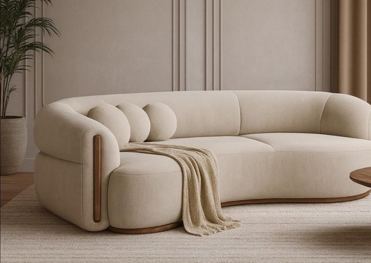 Cream curved sofa against panelled walls