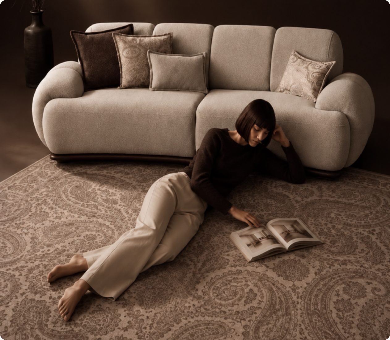 Woman reading on a paisley rug in front of a cream sofa