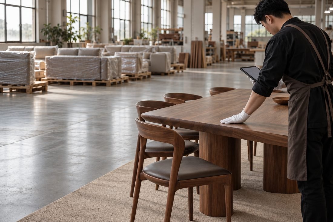 Inspector checking a walnut dining table in a furniture factory