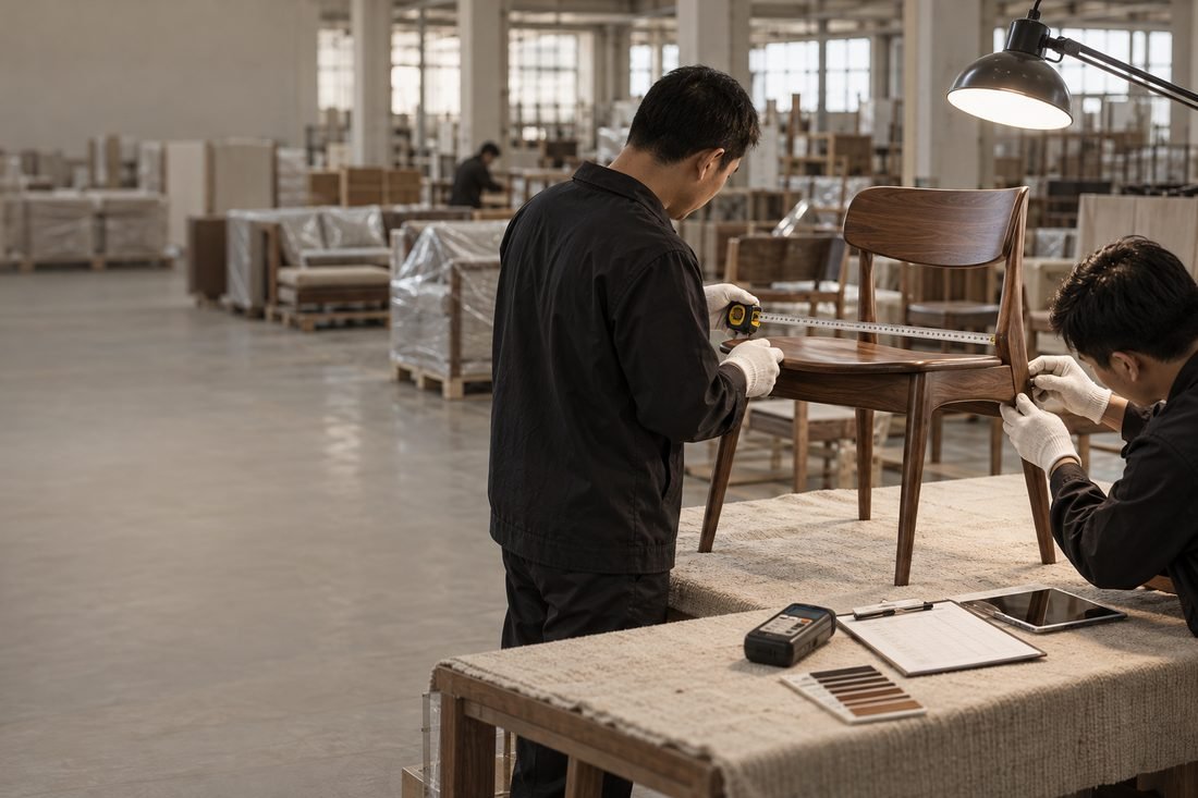 Two inspectors measuring a wooden chair at the factory