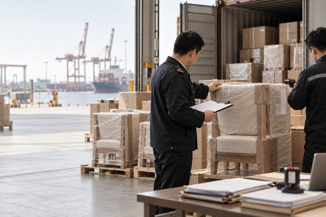 Customs officer checking wrapped furniture at a port