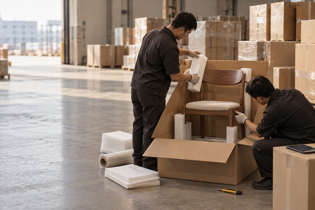 Team unpacking and inspecting a chair after arrival