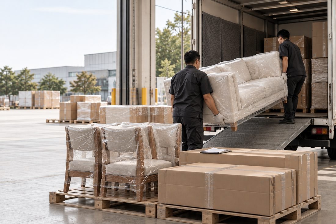 Delivery team loading a wrapped sofa into a truck