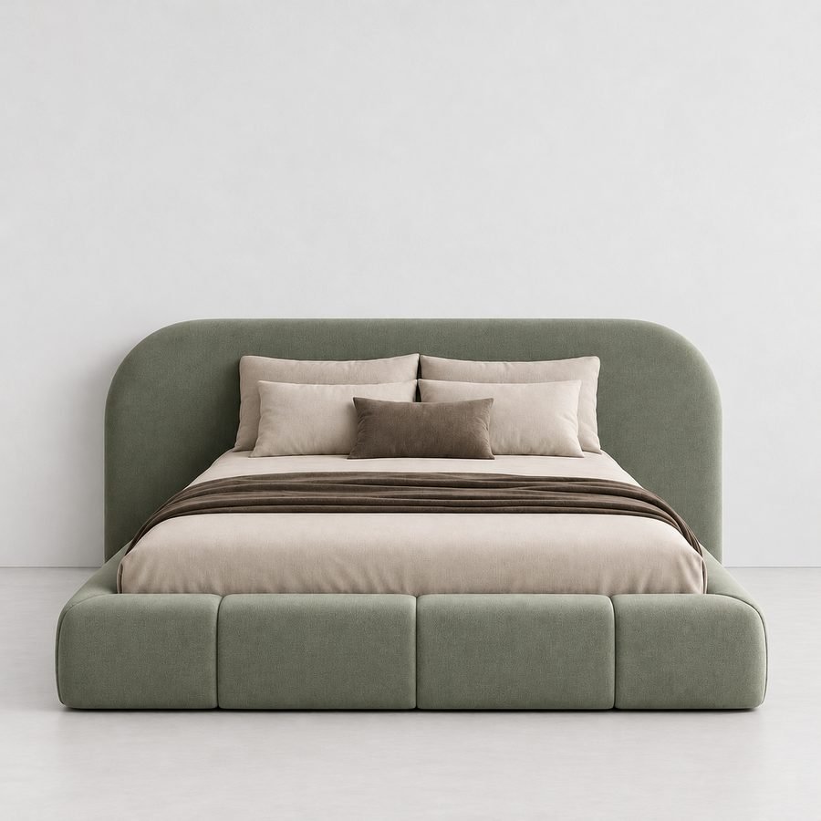 King size bed with a sage green upholstered headboard