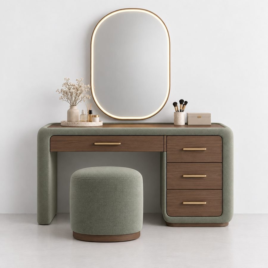 Dressing table with a round mirror and stool