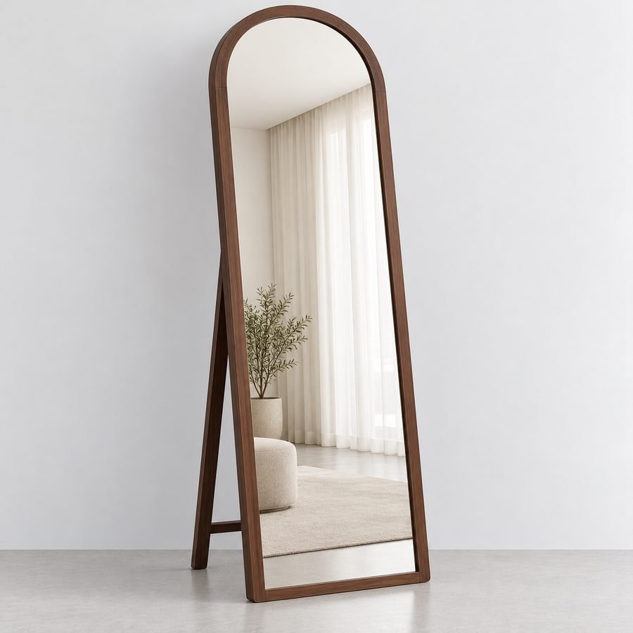 Arched standing mirror with a wooden frame