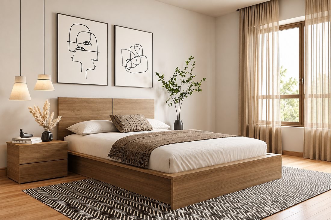 Bright bedroom with a cream upholstered bed