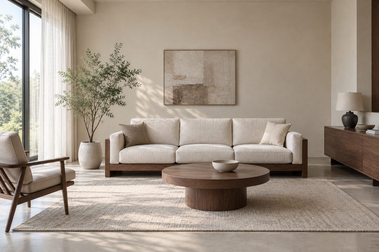 Living room with a cream sofa and round coffee table