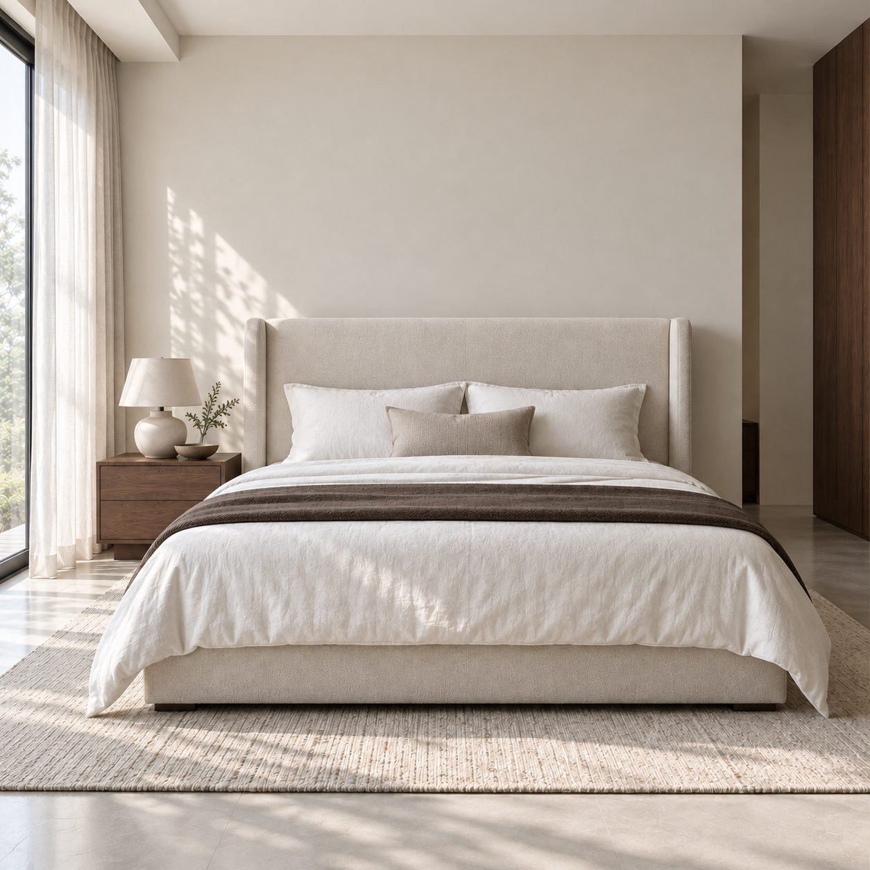 Bedroom corner with an upholstered bed