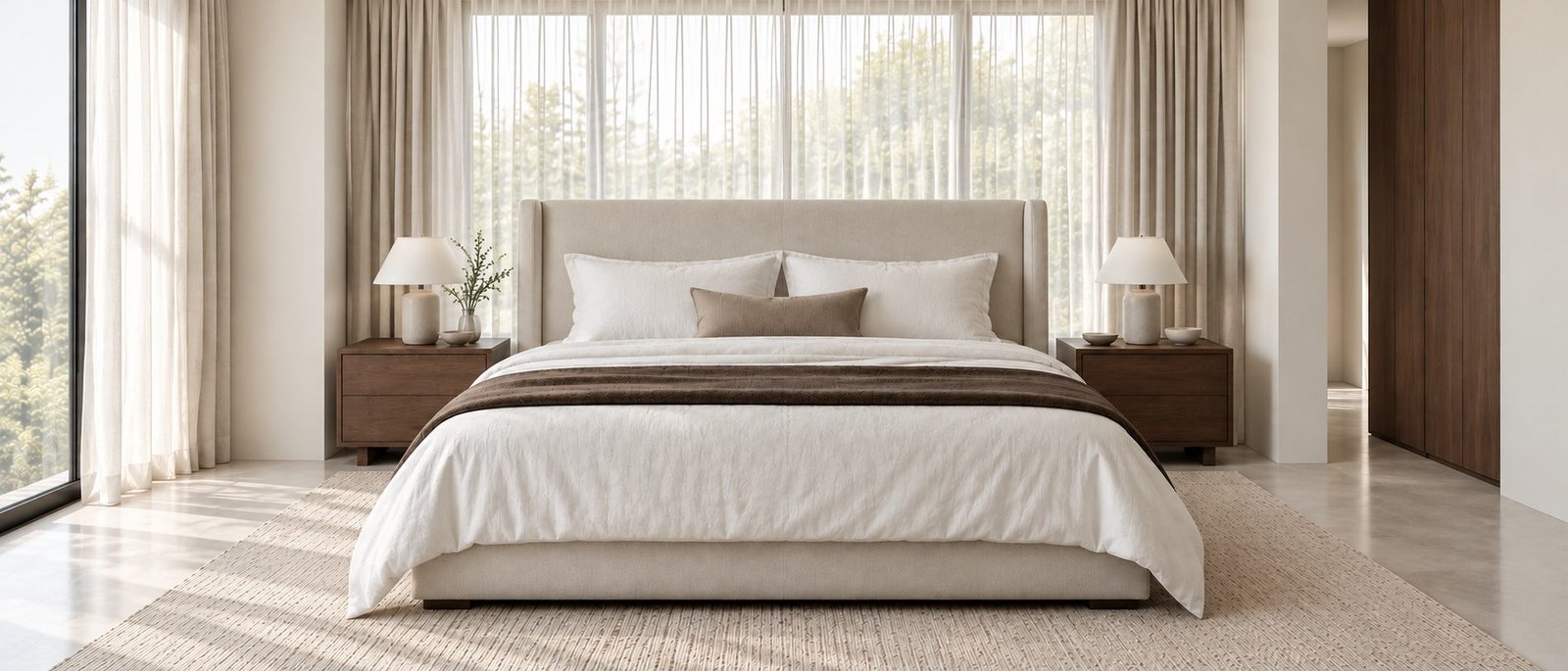 Bedroom with a cream upholstered bed, linen curtains and warm lighting