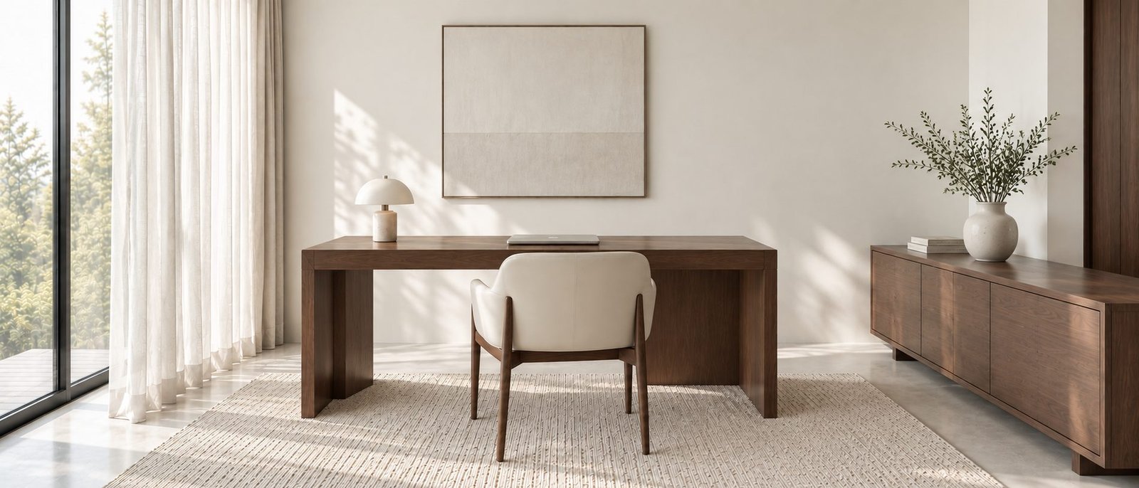 Study with a walnut desk, cream chair and framed artwork